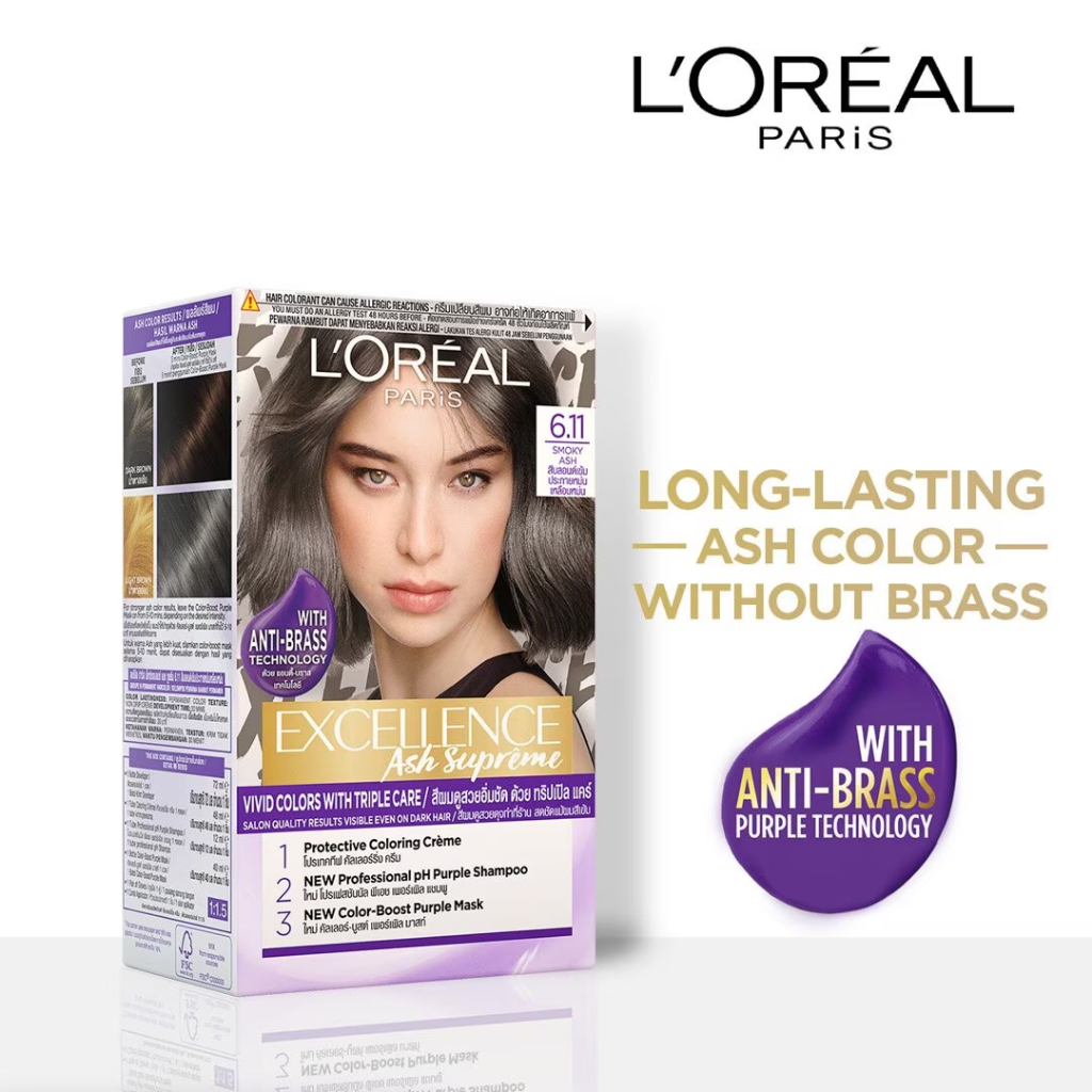 L'Oreal Paris Excellence Ash Supreme Vivid Colors #6.11 Smoky Ash (Cat/ Pewarna Rambut) - Abu abu de