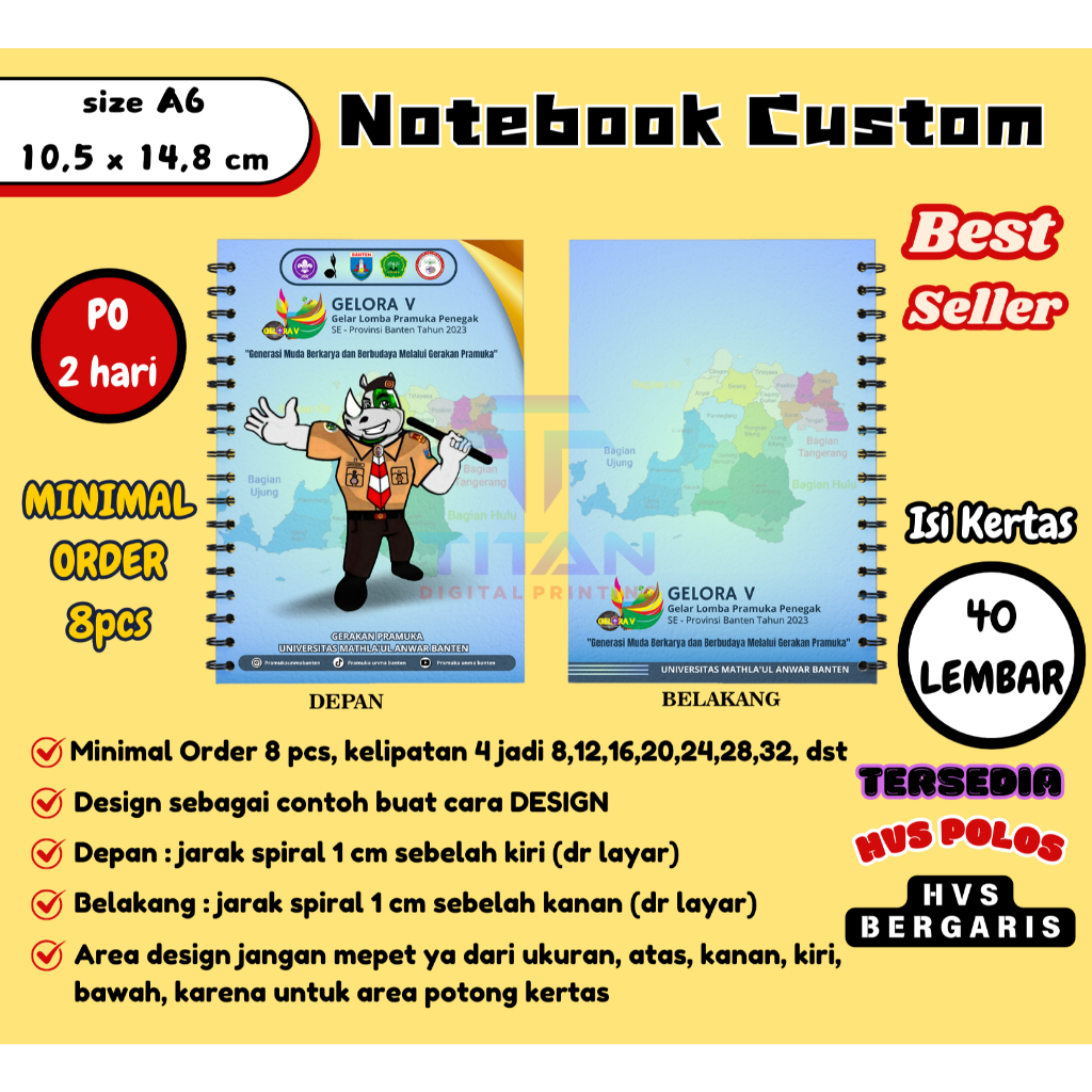 

Notebook/notes spiral custom A6 isi 40 lembar garis/polos min 8pcs