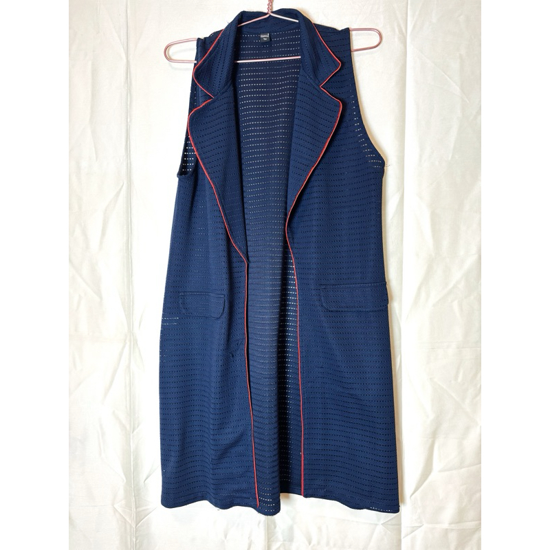 outer vest biru navy panjang mesh