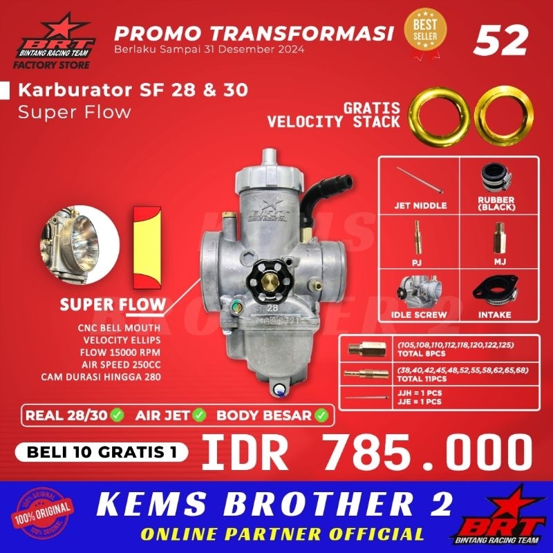 Super Flow BRT Karburator Karbu SF28 dan SF 30 GRATIS VELOCITY STACK