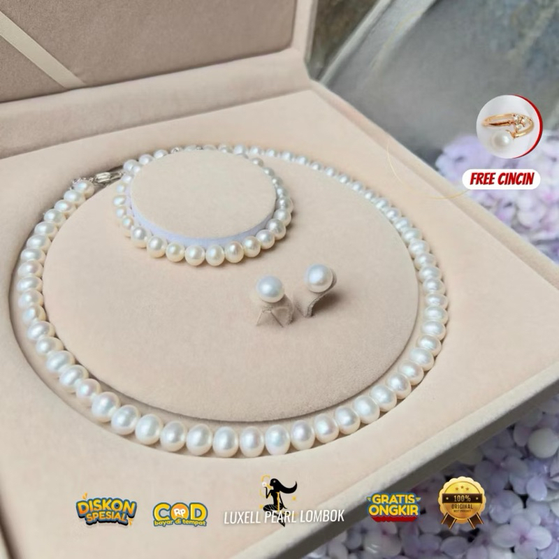 TERMURAH I Satu Set Perhiasan Mutiara Air Tawar Asli Lombok  Bersertifikat FREE ONGKIR| Kalung Mutia