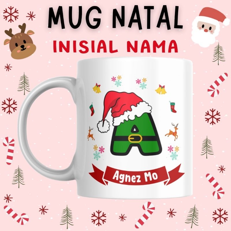 MUG NATAL INISIAL HURUF NAMA/MUG CHRISTMAS/SOUVENIR NATAL/SOUVENIR CHRISTMAS