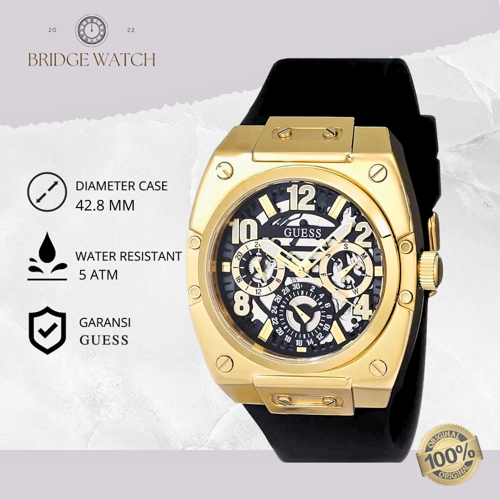 Jam Tangan Pria Guess GW0569G2 Prodigy Chronograph Black Rubber Gold Case Mewah Casual Original