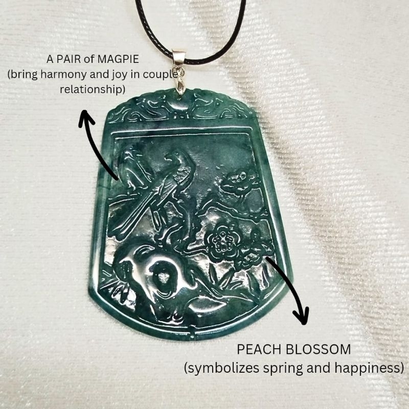 MAGPIE & PEACH BLOSSOM CARVING  PENDANT Burma JADE ORI GRADE A | Liontin ukiran  giok Burma ori natu