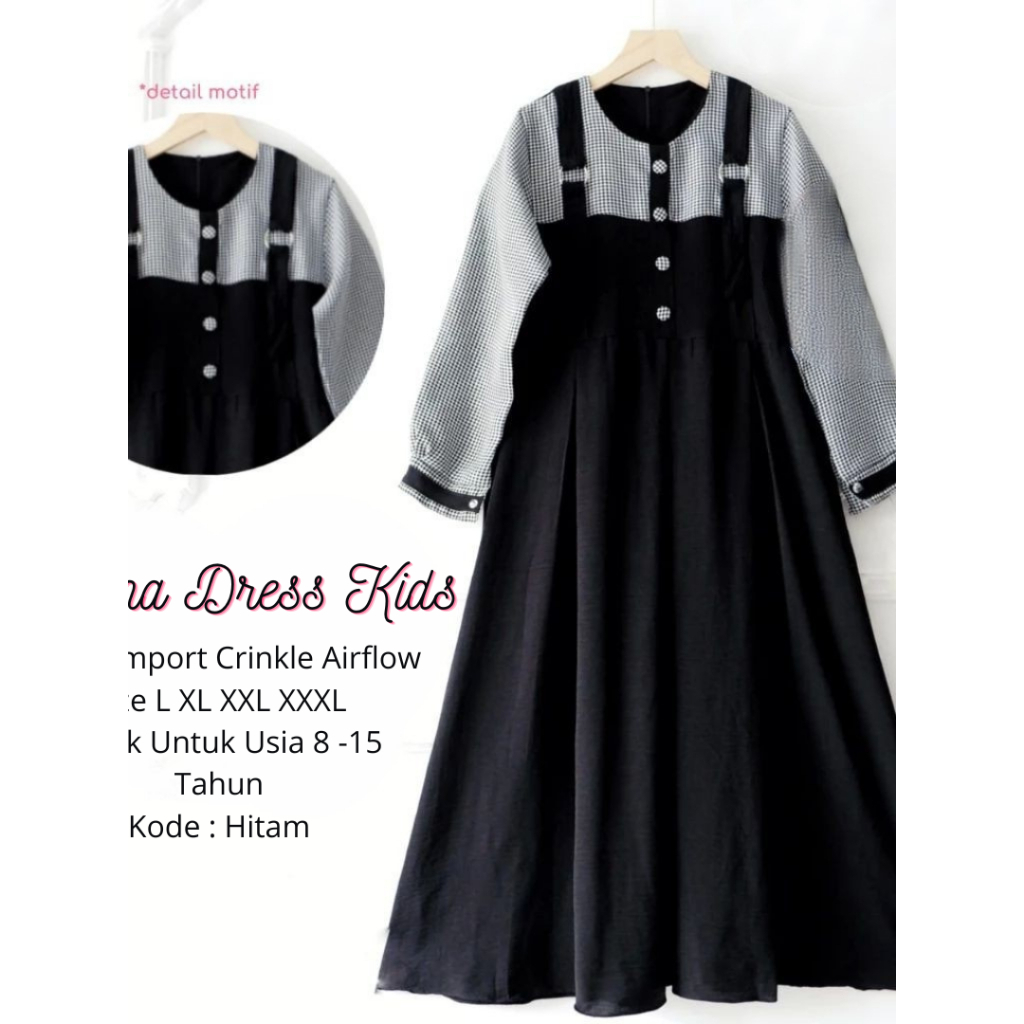 TERMURAH SELENAV.2 DRESS GAMIS ANAK TANGGUNG USIA 7-14 thn - cringkle airflow mix katun kotak Hitam
