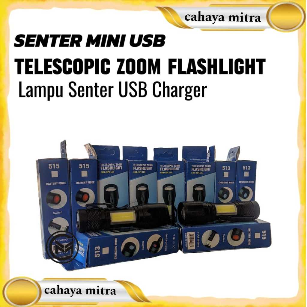 Senter Mini USB Telescopic Zoom Flashlight COB+XPE LED / Lampu Senter USB Charger COB + XPE LED