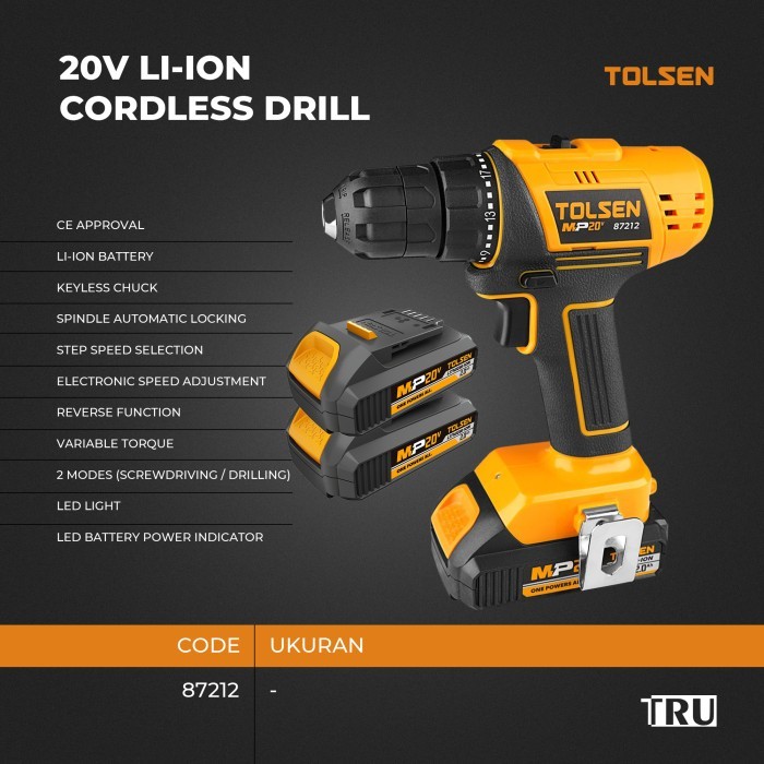 TOLSEN Bor Listrik 20V Li-ionCordless Drill 10mm 87212