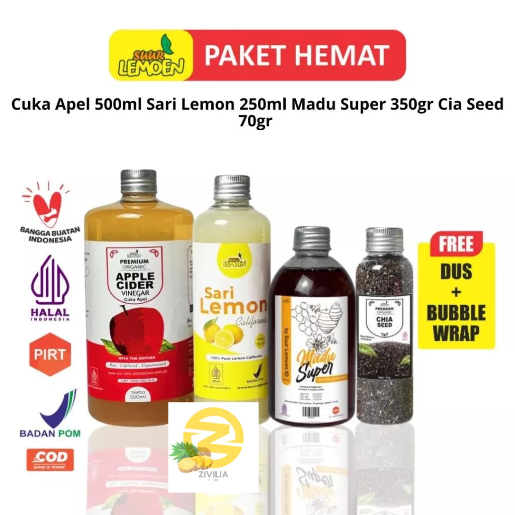 

Paket Detox Diet Imunitas / Paket Cuka Apel Dan Sari Lemon Murni Madu Chia Seeds , Madu Super 4 in 1 - SUUR LEMOEN HGBEKASI