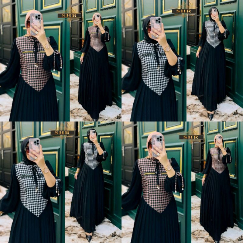 SHR Terbaru Gamis Hitam Kotak-Kotak Kaos Rajut