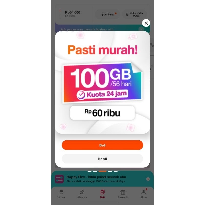 Perdana Tri - 100gb 56 hari (Perdana + pulsa 60k)