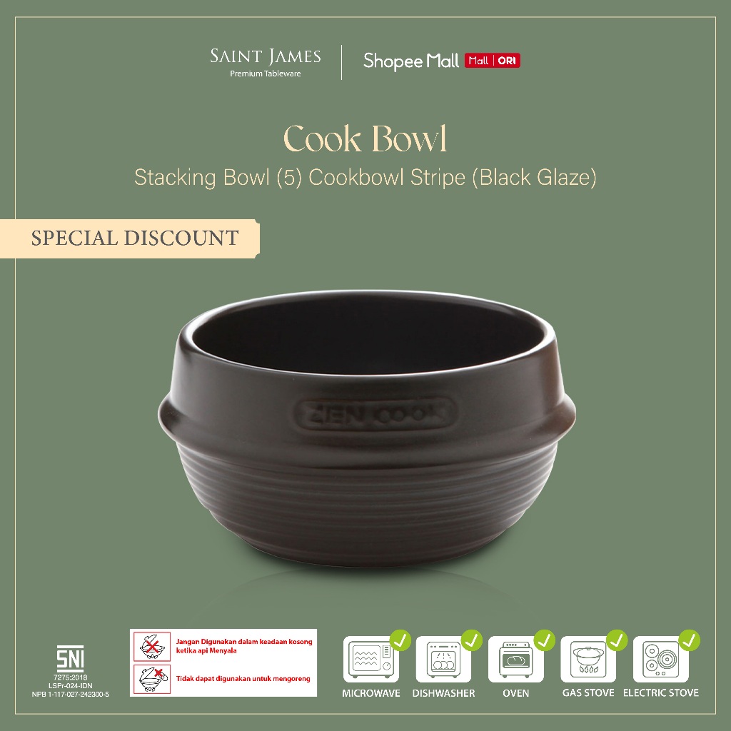 Saint James Stacking Bowl (5) Cook Bowl Stripe (Black Glaze)