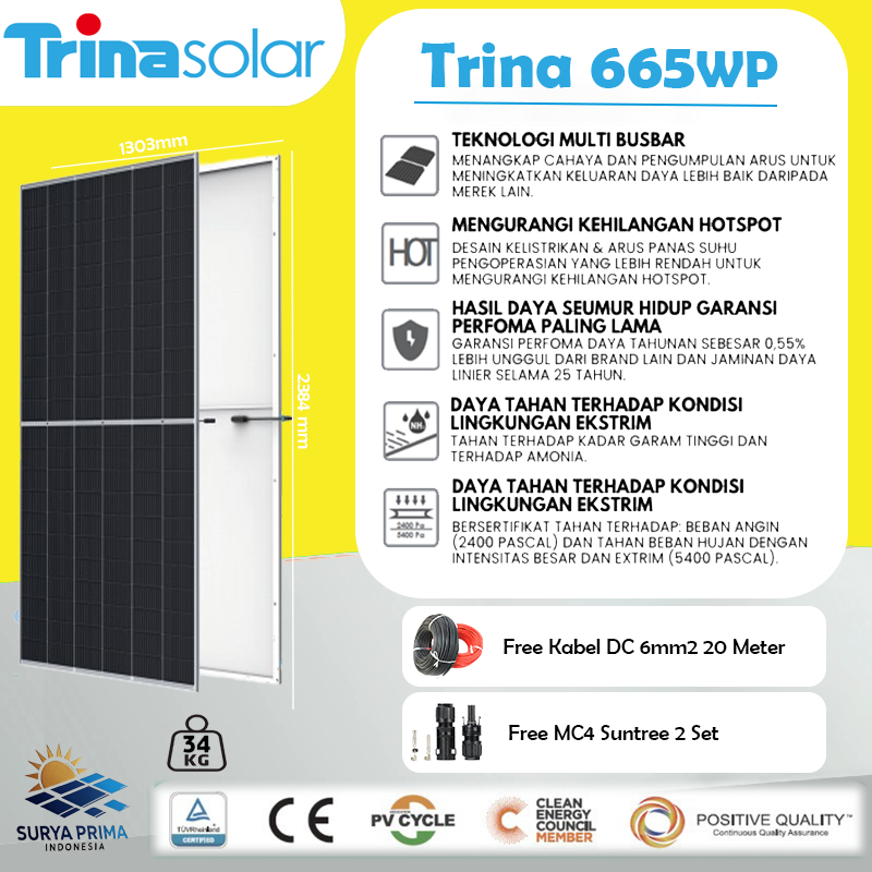 Trina Solar Cell / Panel Surya 665WP SNI Mono Tier 1 Bukan Jinko Longi [Surya Prima Indonesia]