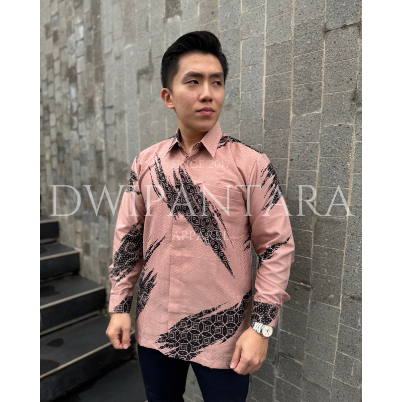 Batik Kutai Timur Baby Pink Dusty Pink Rose Gold, Batik Pria Premium, Lengan Panjang, Dobby Furing