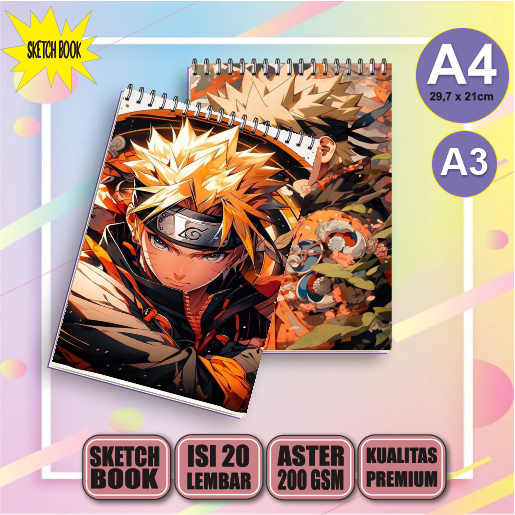 Buku Gambar Vertikal Jilid Spiral A4/a3 Sketchbook Uzumaki Naruto Kaisen, 20 Lembar/40 Halaman, 200g