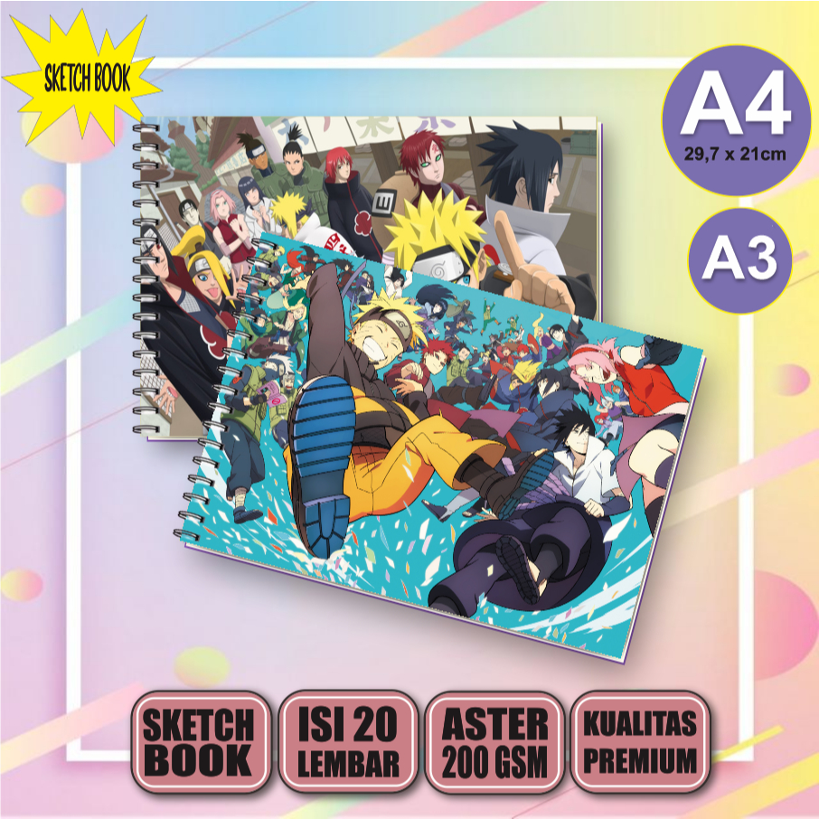 Buku Gambar Vertikal Jilid Spiral A4/a3 Sketchbook Naruto Shipuden, 20 Lembar/40 Halaman, 200gsm