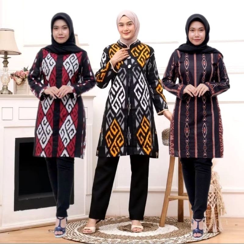 Atasan Tunik Wanita Cewek Motif Tenun Etnik Troso Lengan Panjang Bahan Katun Seragam Kerja Ukuran M 