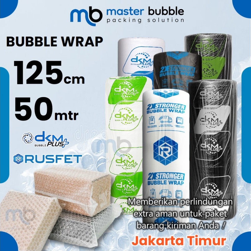 

Plastik Bubble Wrap Merek DKM / RUSFET Roll 125cm x 50meter Putih Bening / Hitam Tebal Harga Murah