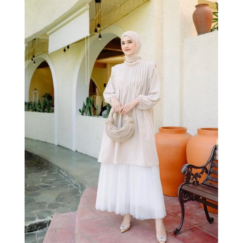 PRELOVED - MIDI DRESS TUNIC HAIDEEORLIN ATASAN KEMEJA CREM