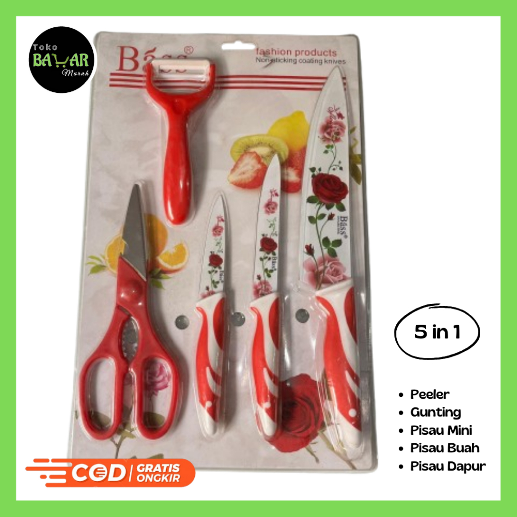 Pisau Set Bass 5 IN 1 / Pisau Set Keramik Motif Bunga / Pisau Set Keramik 5 IN 1 Anti Bacterial