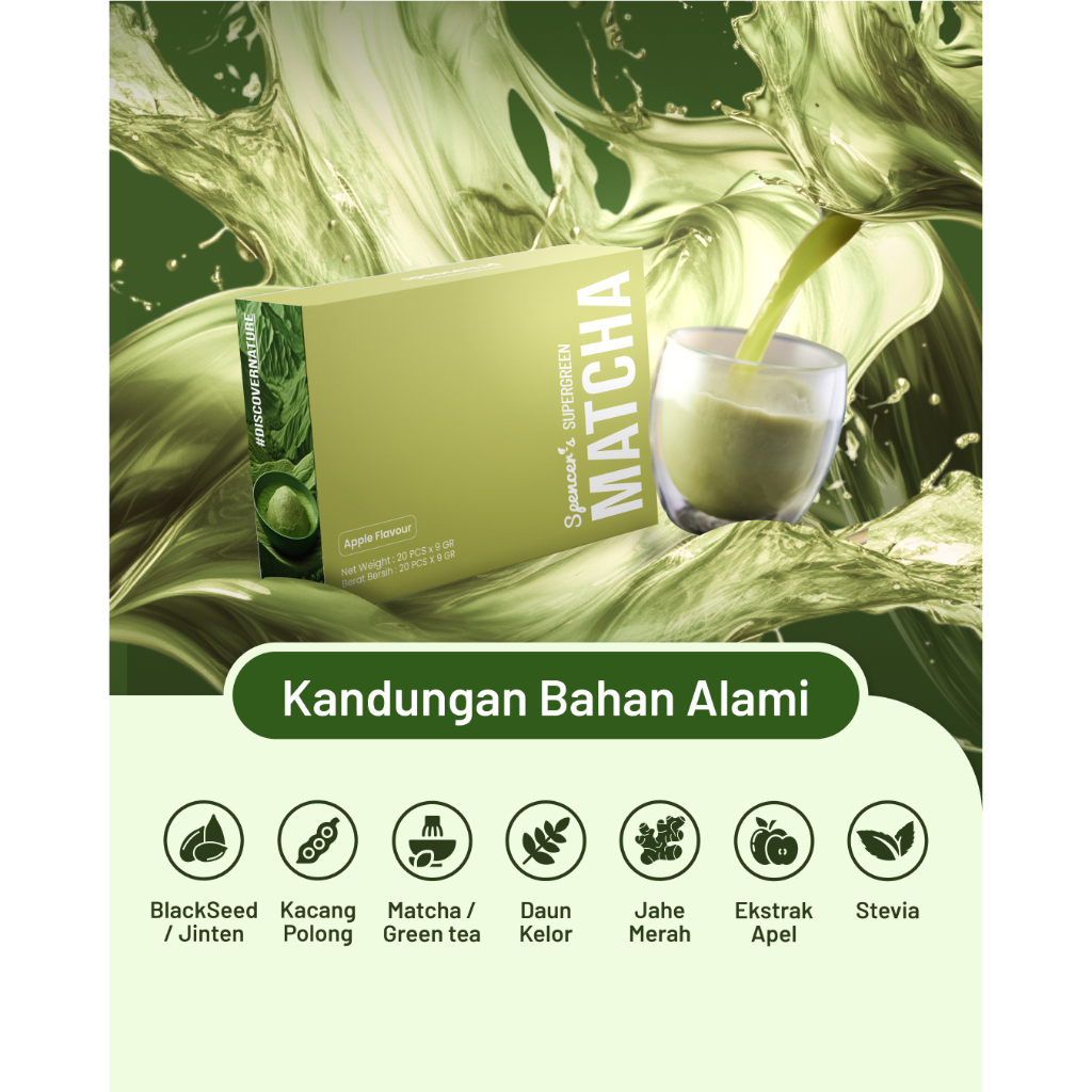 

( TRIAL SACHET ) MATCHA SUPERGREEN SPENCER'S SUPERGREEN MATCHA MINUMAN MULTIGRAIN MATCHA RASA APEL