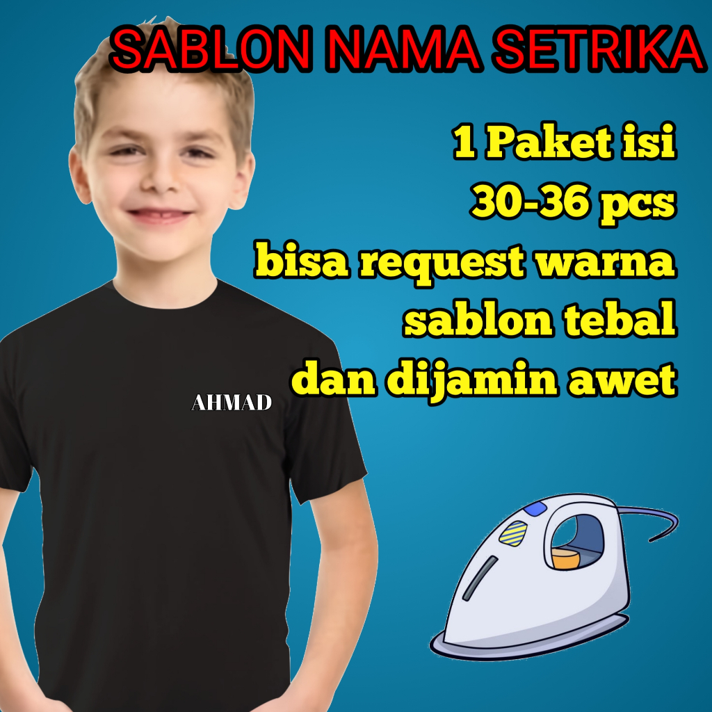 

Stiker kain nama 1 paket isi 30-50 ps,sablon setrika nama,sablon label nama,sablon custom nama,sablon dtf custom,sablon setrika murah,sablon nama anak,stiker nama murah