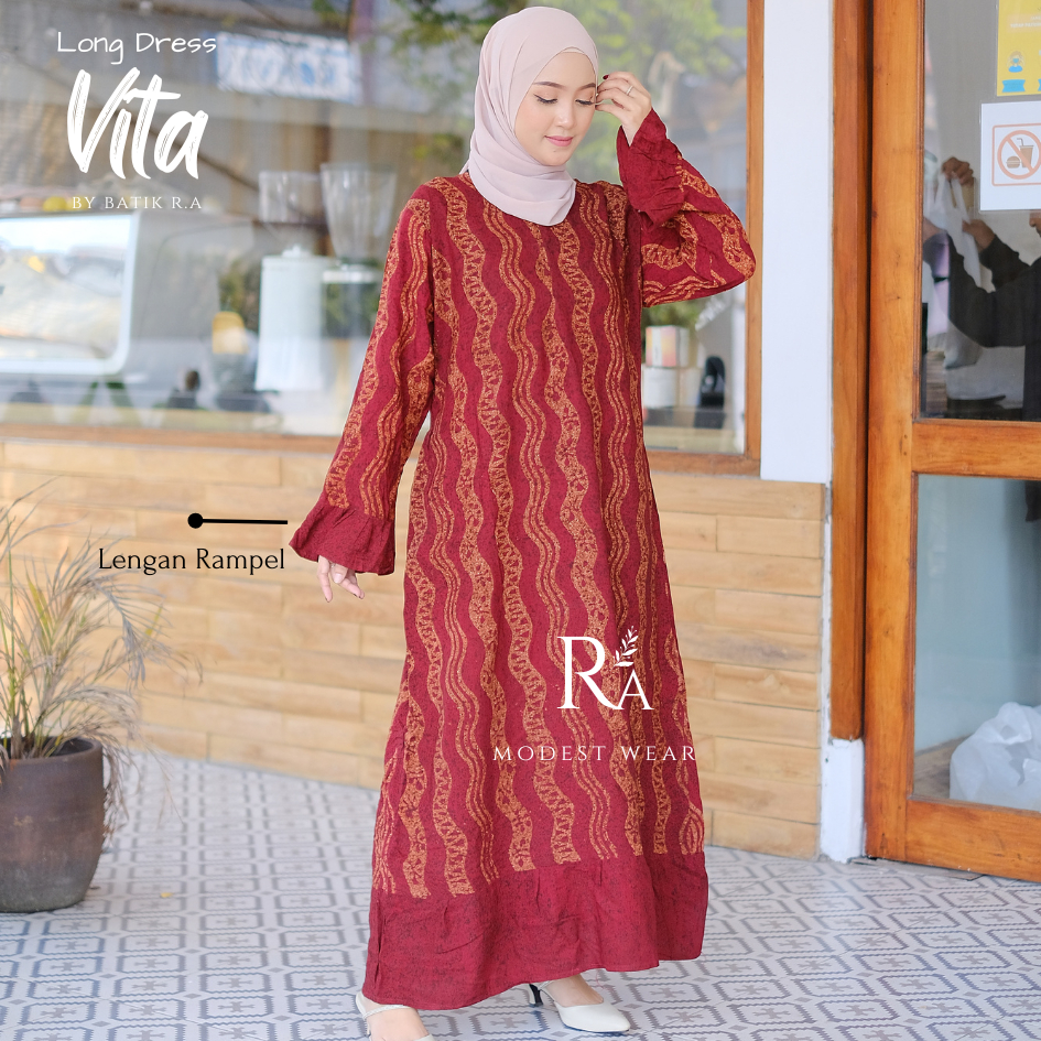 Long Dress Lengan Panjang Motif Batik VITA Rayon Cap Premium Busui Jumbo
