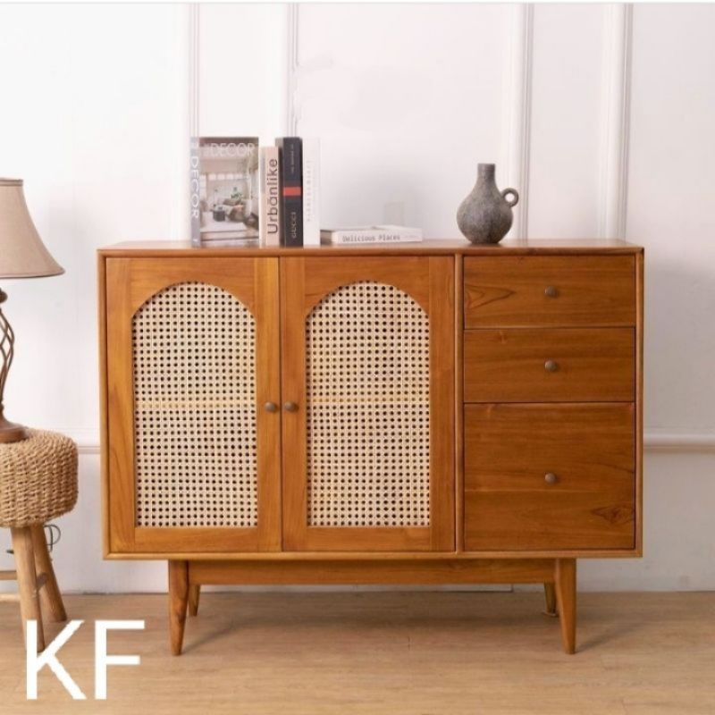 bofet retro rotan kombinasi laci kayu jati 120×45×90
