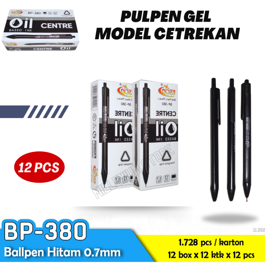 

( 12 pcs) Pulpen Jel / Pena Jel Tinta Cetek / Pulpen Mekanik / Retractable Gel Pen / Pulpen Cetek BP-380 Vokus 0.7 mm / Black / Esco / Duta Gemilang