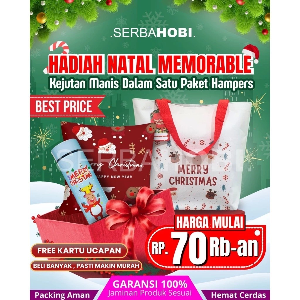 

Set Hampers Natal Bantal Botol Tote Bag Free Kartu Ucapan