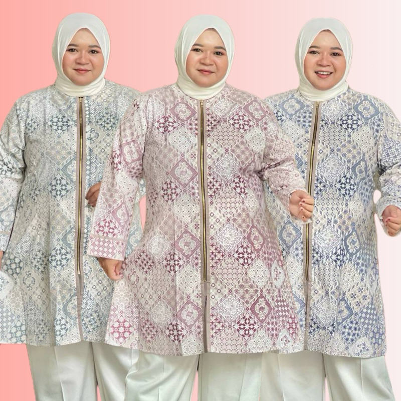TUNIK BATIK JUMBO RESLETING DEPAN ZIPPER JAKET UKURAN M L XL XXL 3L 4L 5L 6L Katun Muslim Atasan Wan