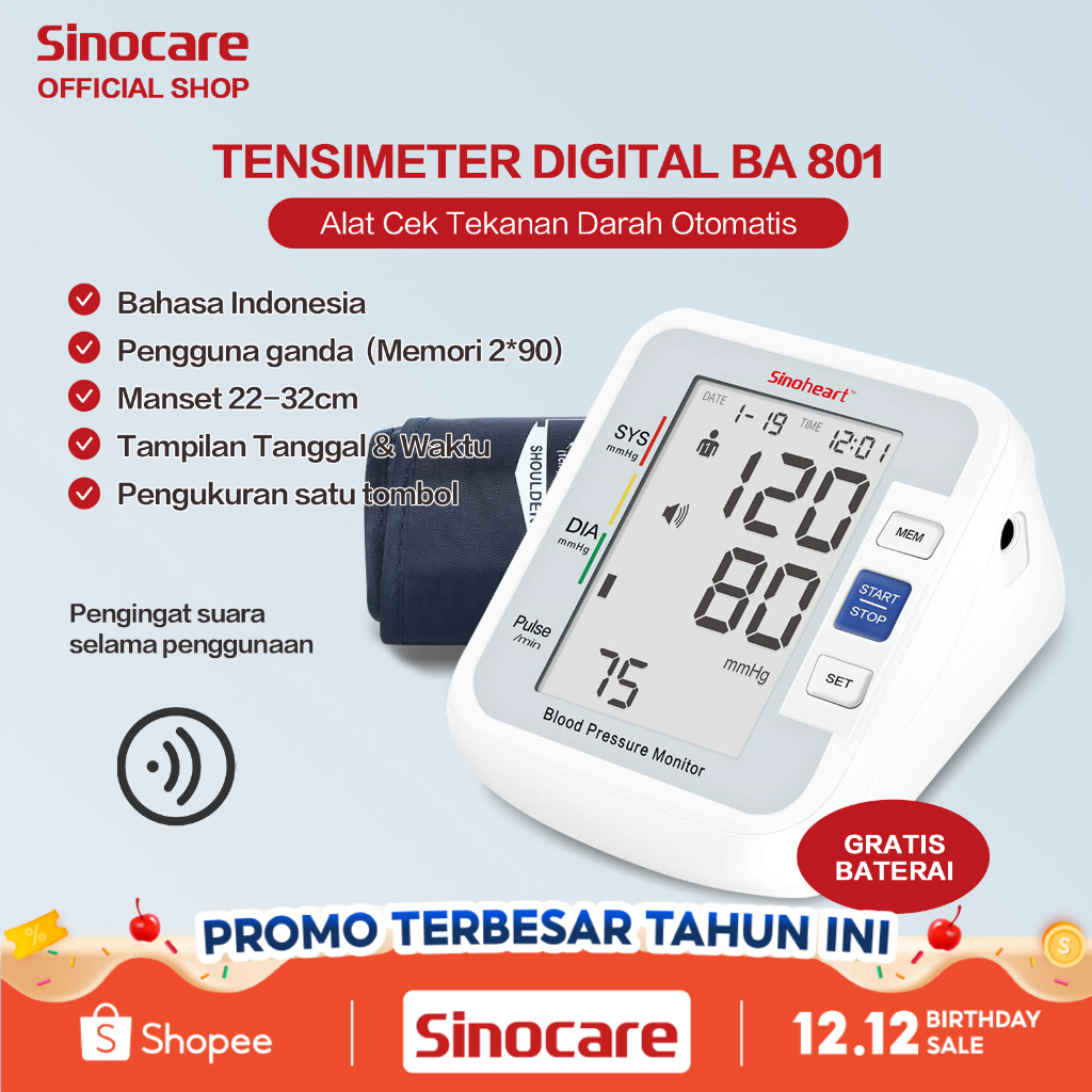 Tensimeter Digital Alat Tensi Darah Digital Otomatis  Sinocare BA-801(Bahasa) Alat Tensi Darah