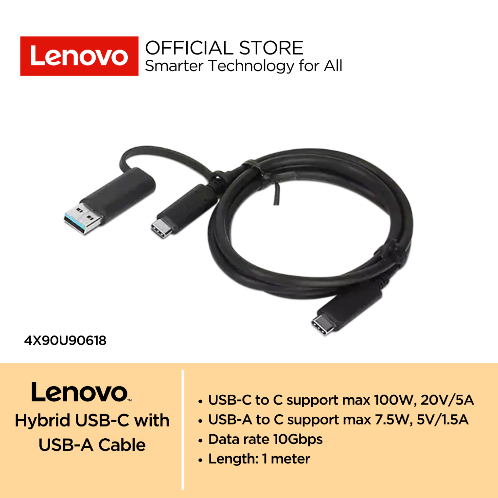 Lenovo Hybrid USB-C with USB-A Cable 4X90U90618 Black Kabel 1m hingga 100W