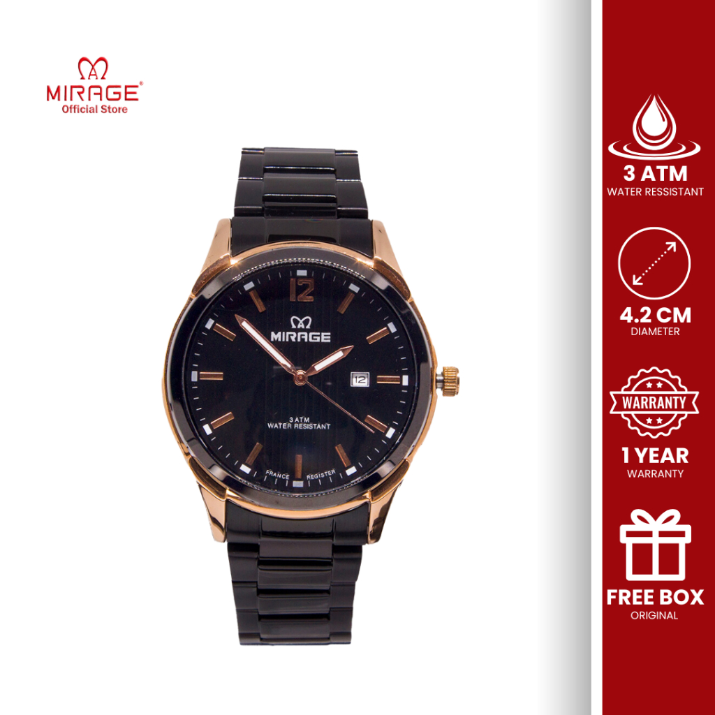 Mirage Jam Tangan Pria Formal Original Tahan Air Analog Tanggal Aktif 7570 / 8903 M Hitam Rosegold