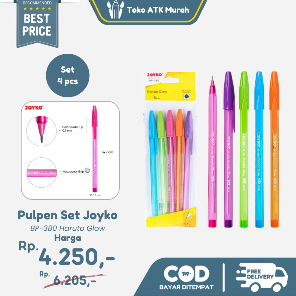 

Ball Pen Joyko BP-380 Haruto Glow 0.7 mm 1 Set 5 Pcs Pulpen Pena