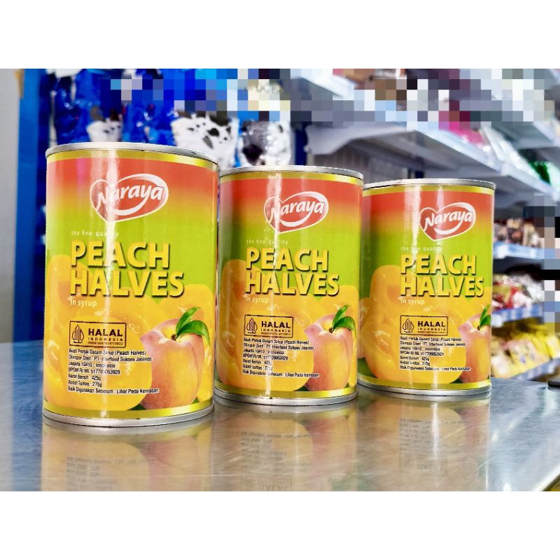 

Naraya Peach Halves425gr/Buah Kaleng Peach Potong/Syrup Buah Kaleng Peach/Buah Peach/Hiasan Tar