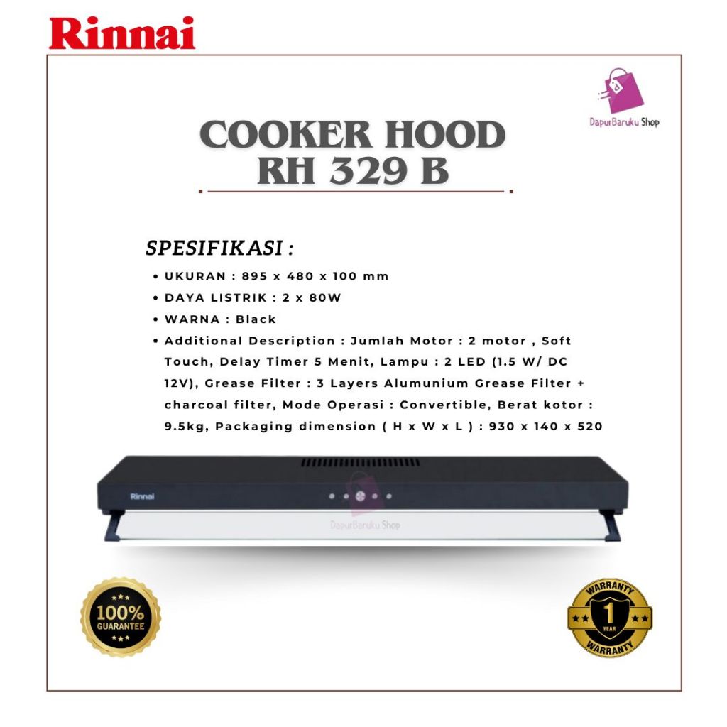 Cooker Hood RINNAI RH 329 B /RH329B/RH329 B/Hitam Penghisap asap/Penyedot asap ORIGINAL