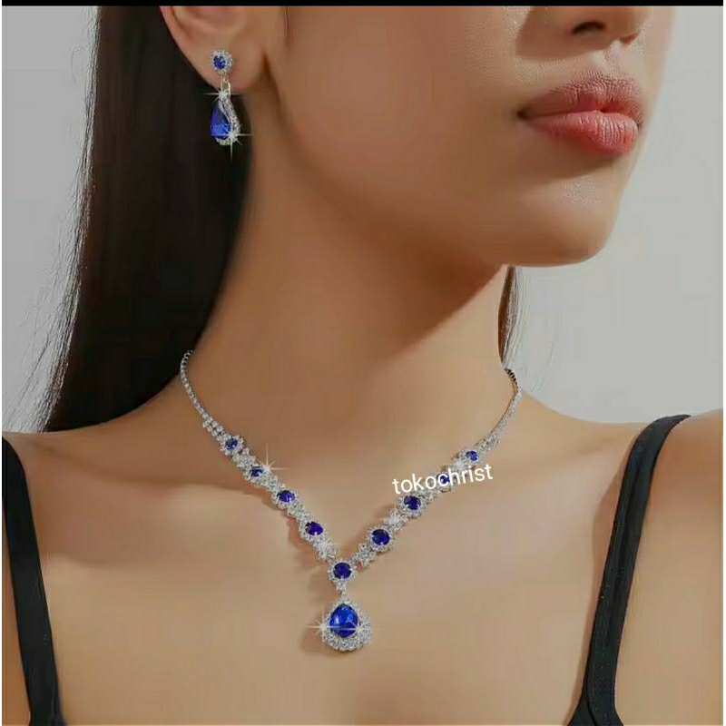 ( sale TAA) kalung besar ke medium premium set anting tusuk permata silver putih emas manten pengant
