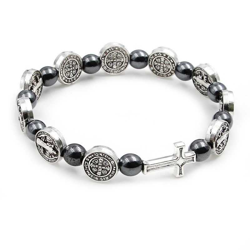 gelang salib medali santo benediktus batu hematite bracelet st benedict medal pria wanita