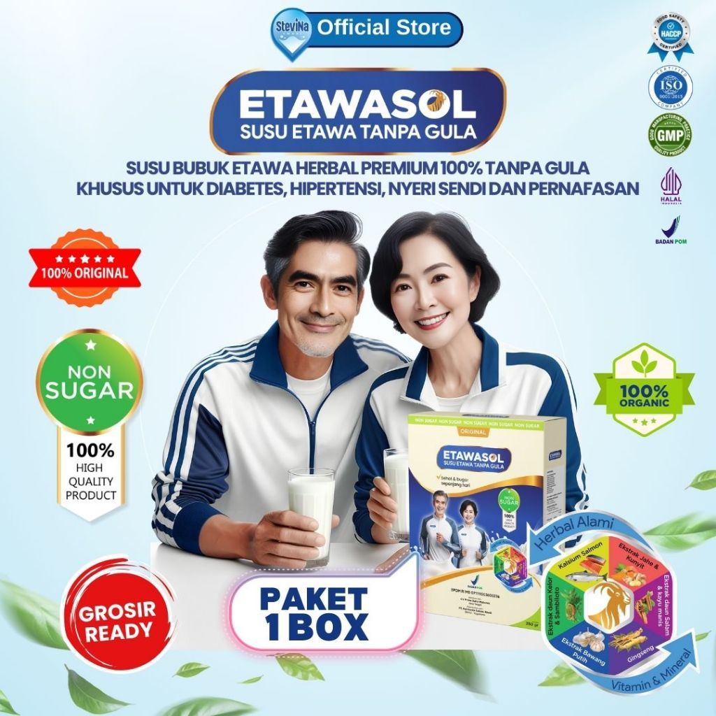 

Etawasol Susu Kambing Bebas Gula Untuk Diabetes, Hipertensi, Nyeri Sendi dan Pernafasan 250gr 1 Box