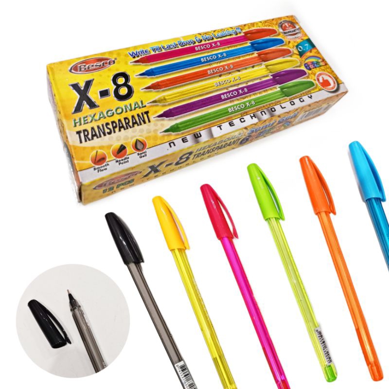

12 Pcs Ballpoint Besco X-8 Hexagonal Transparant/Pulpen Murah/Pulpen Hitam/Pen