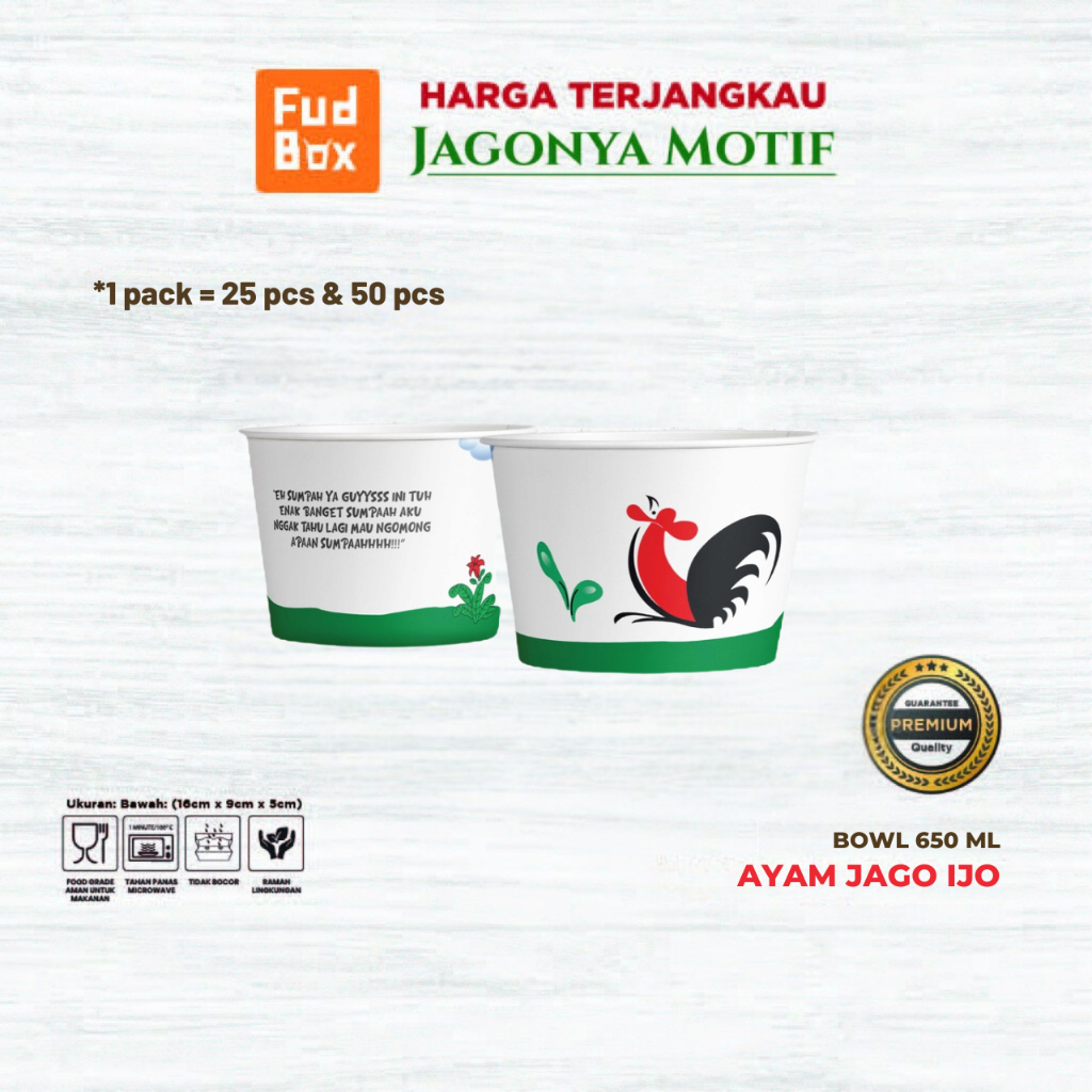 Paper Rice Bowl 650 ml | Paper Bowl Mangkok Kertas 650 ml Motif Kekinian Ayam Jago Ijo