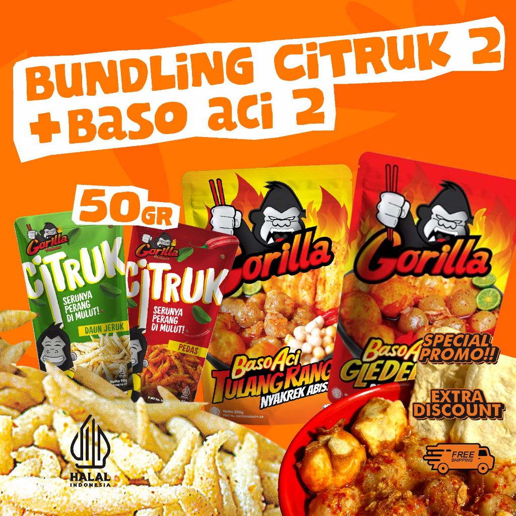 

Bundling Citruk 2 Pcs + Gorilla Baso Aci 2 Pcs, Makanan Instan Pedas dan Makanan Ringan Pedas