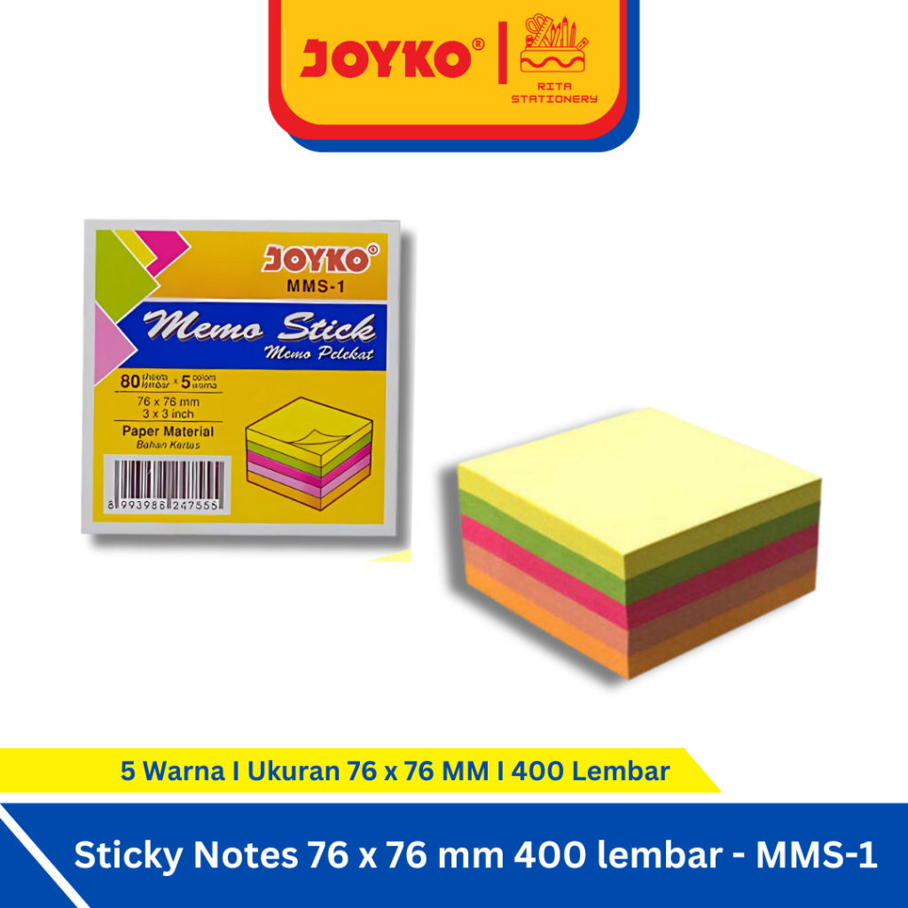 

Joyko Sticky Notes / Memo Kertas Tempel 76 x 76 mm 5 Warna 400 lembar - MMS-1