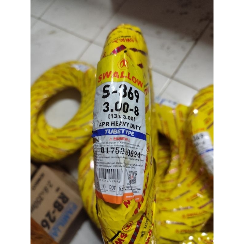 BAN LUAR SWALLOW 3.00 - 8 S-369 4PR HEAVY DUTY TUBE TYPE. COCOK UNTUK VESPA DAN RODA ANGKONG