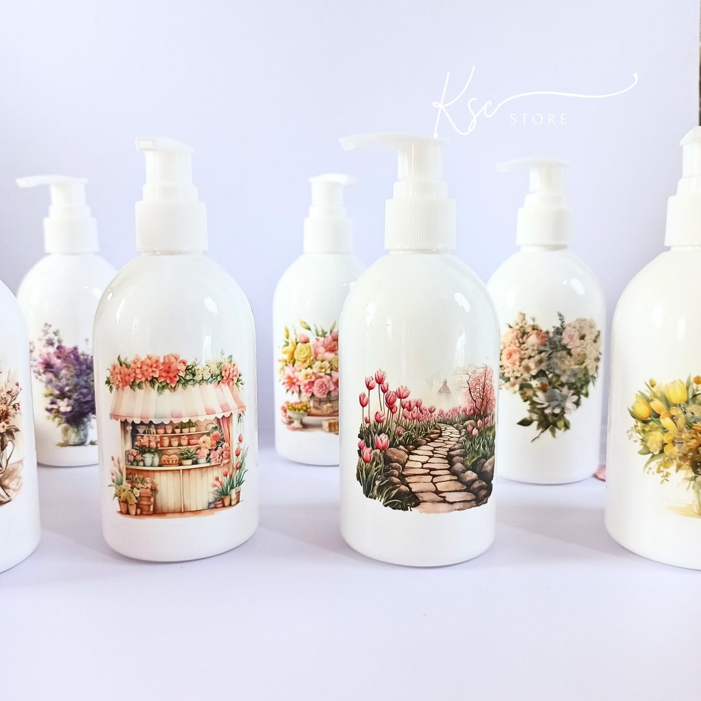 Botol Pump Aestetik Seri Stiker Bunga Waterproof 250ml
