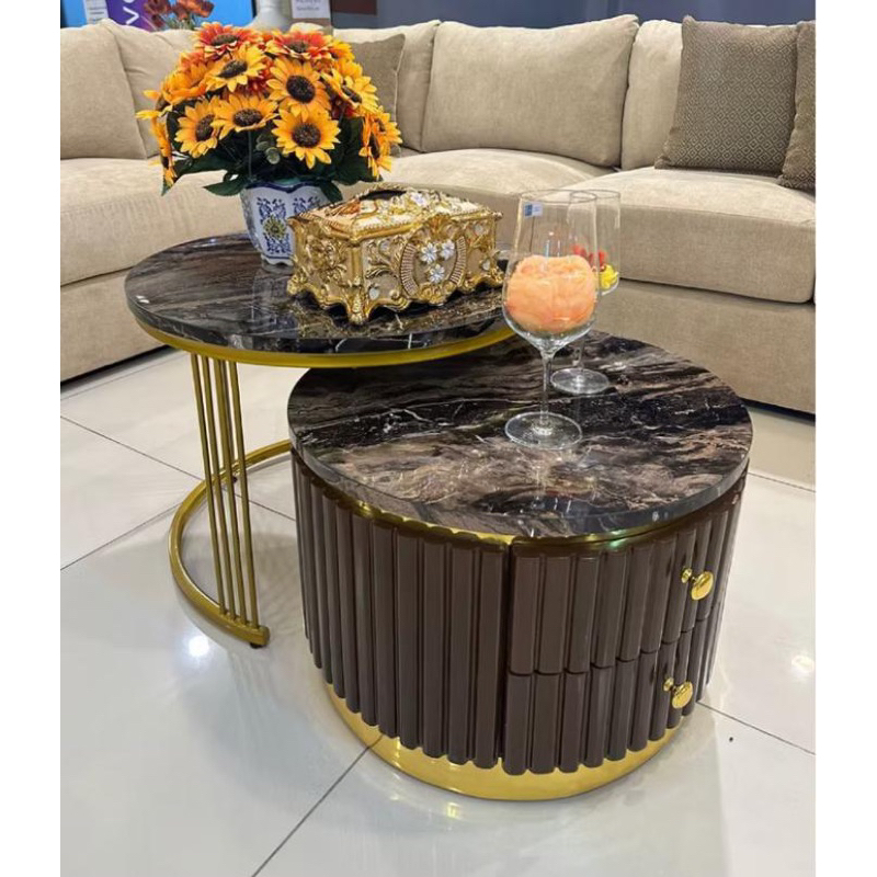 Meja bulat  hpl motif marmer full jari