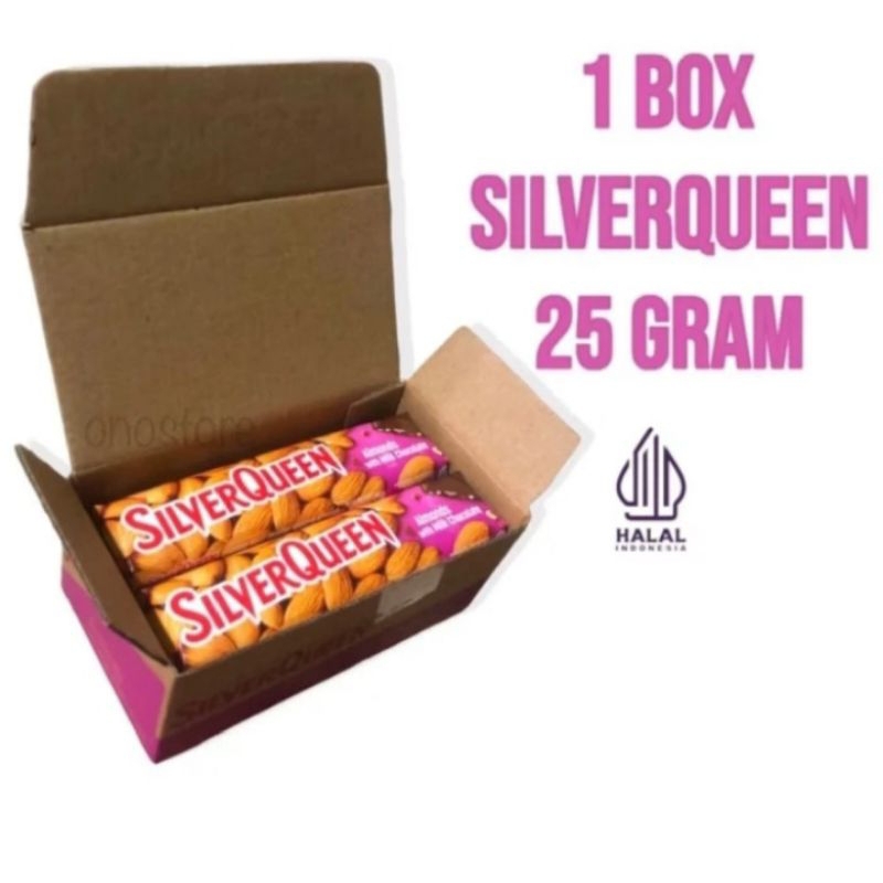 

Cokelat Silverqueen KECIL 22gr 1 box isi 10ps cashew/mede, almond dan mix almond mede