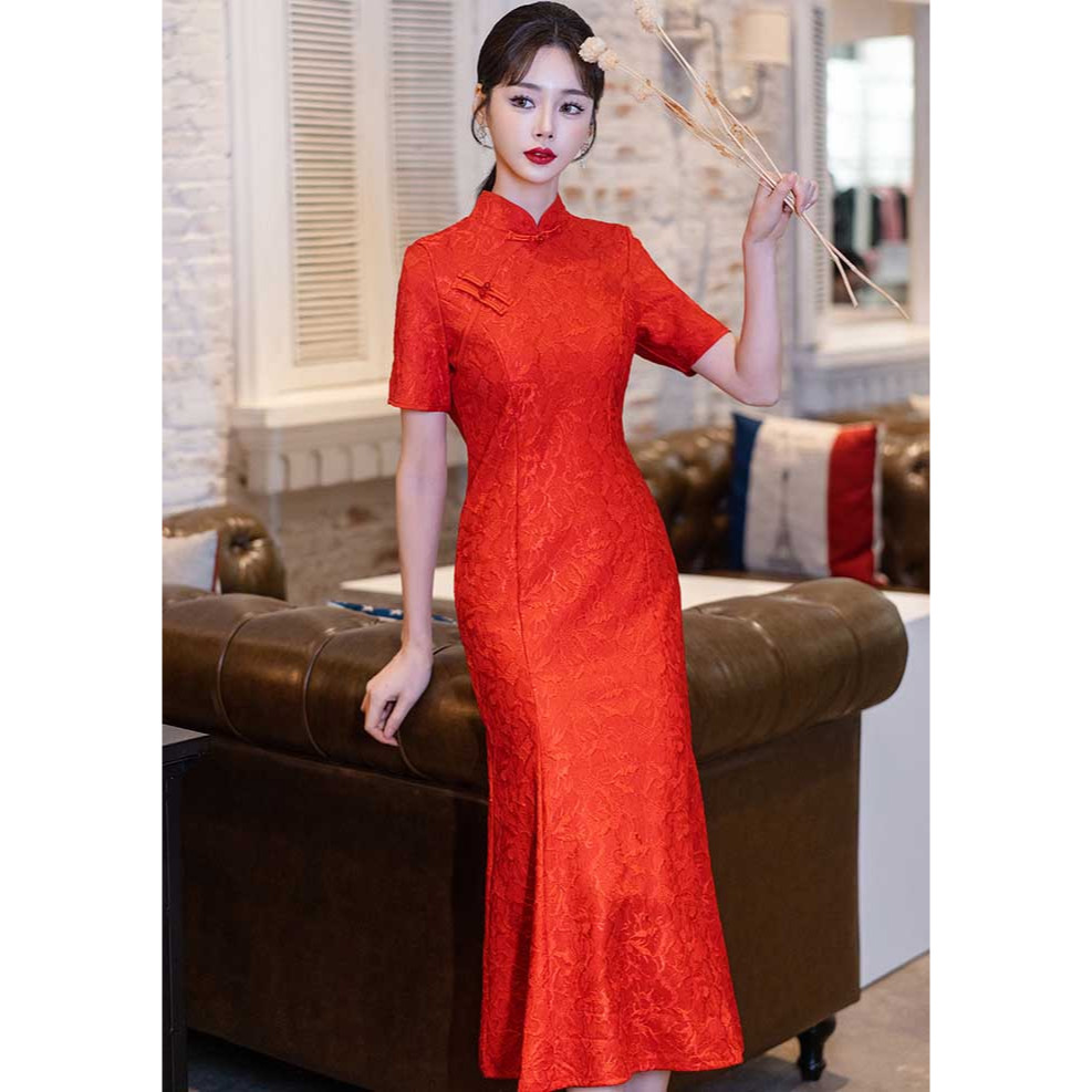 dress cheongsam merah import / dress sangjit import D8272