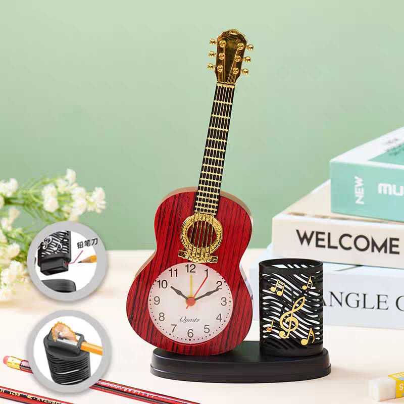 Jam Weker Alarm Gitar Kayu Tempat Pensil / Ada Serutan Pensil / Jam Meja Alarm