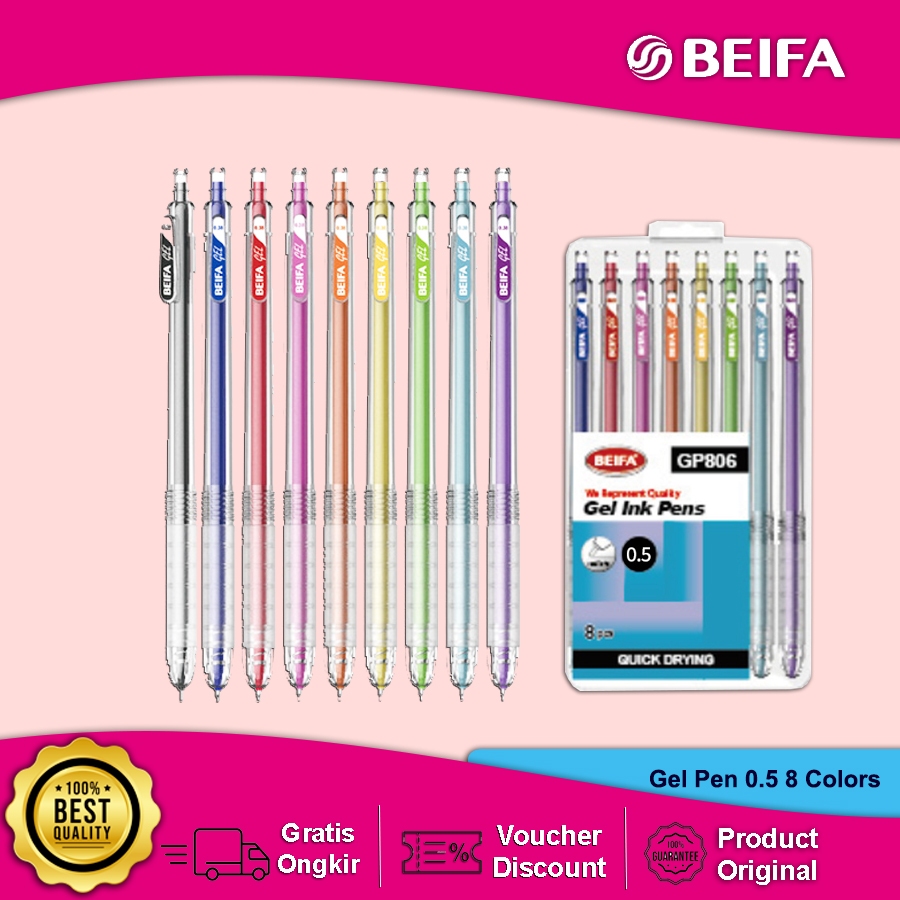 

Beifa Pulpen Gel / Gel Pen 8 Warna GP806 (8PCS/PER BOX/MIX COLORS) Gel Ink Pen 0.38mm